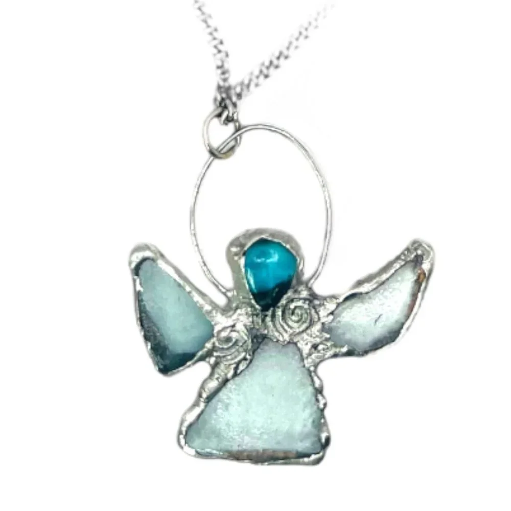 Sea Glass Angel Pendant Bezel Handcrafted with intricate Silver Blend Metalwork - Picture 3 of 12